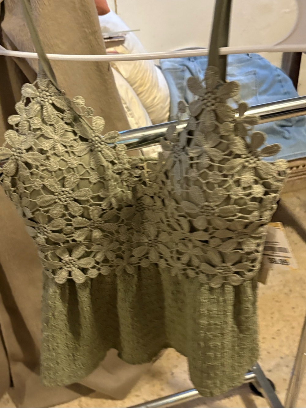 Bundle 3 for $25. NWT Derek Heart Sage Green Crochet Floral Peplum Cami. Size S.